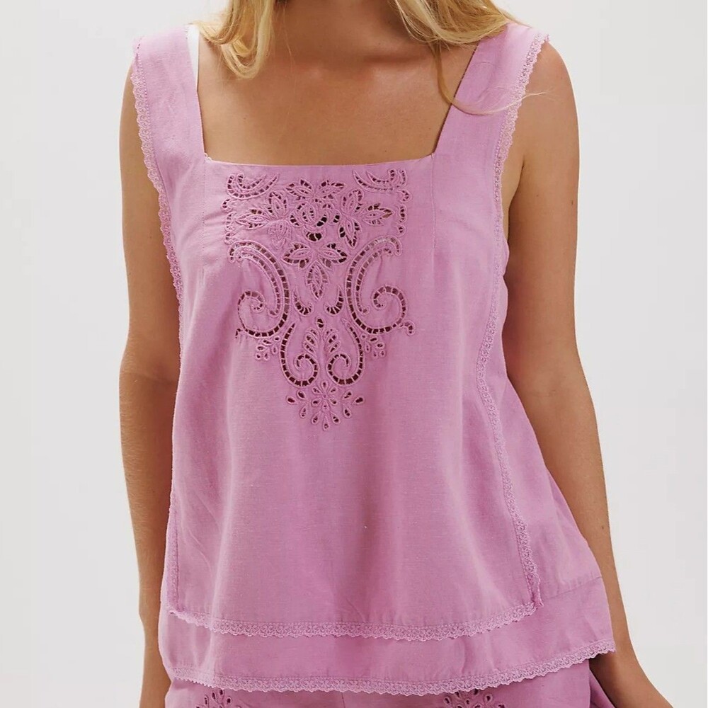 Free People True Charm Eyelet Embroidered Blouse Tank Top Floral Lace L 291873